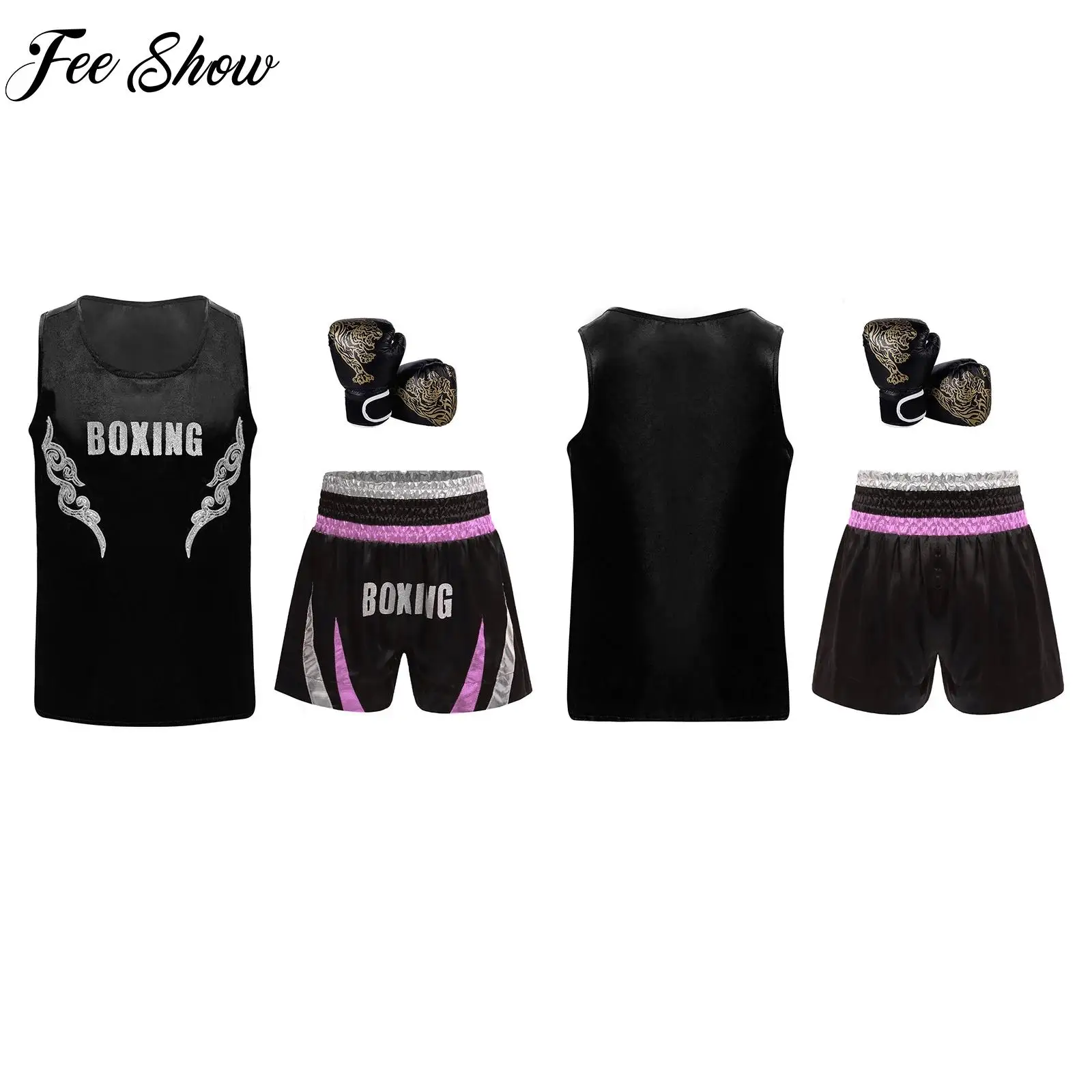 

Kids Boys Three Piece Boxing Training Outfit Sequin Applique Sleeveless Tank Top+Muay Thai Shorts+Gloves for MMA Fight Clothing