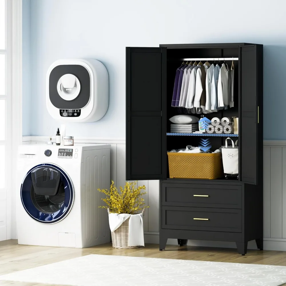 خزانة ملابس معدنية كبيرة بطول 71 مع أدراج وقضيب تعليق وأرفف لحلول تخزين غرفة النوم