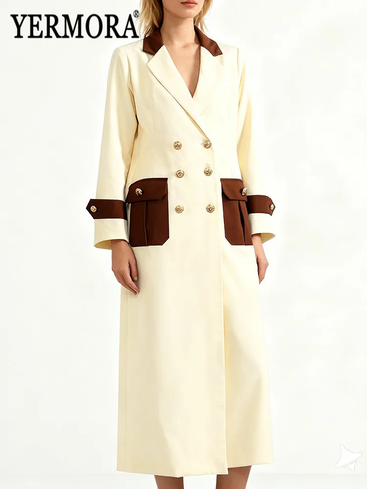 

YERMORA абрикосовый Тренч с карманами и пуговицами для женщин, свободная новая ветровка с длинными рукавами и лацканами, модная осень-зима 2025