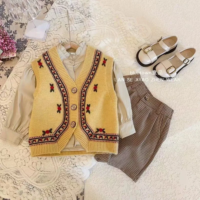 UNITIM 2026 Autumn Children Girls Knitted Vest V-collar Embroidery Waistcoat for Kids Girls 2-8Yrs Baby Girls Sleeveless Sweater