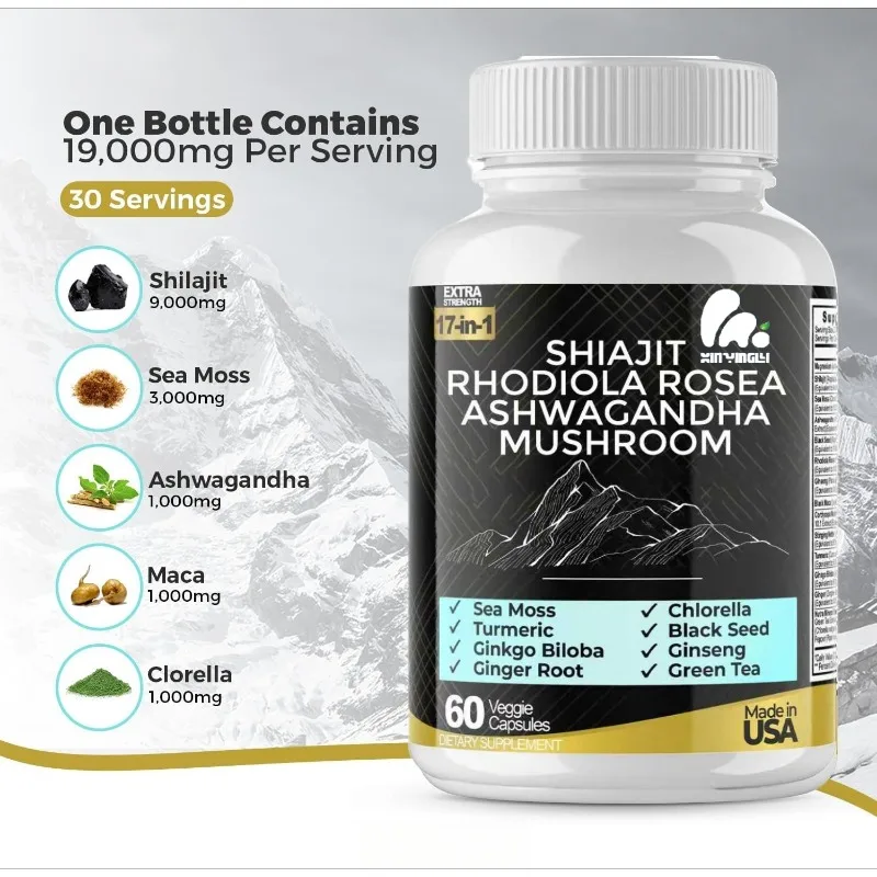 Ácido humano 17 en 1 que contiene Shilajit, algas, champiñones y microalgas - cápsulas vegetales (60 cápsulas)