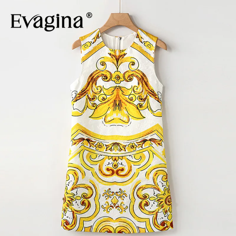 

Evagina Fashion design Baroque Print Women's Dress Tank Jacquard Sleeveless Beading Slim Short Dresses