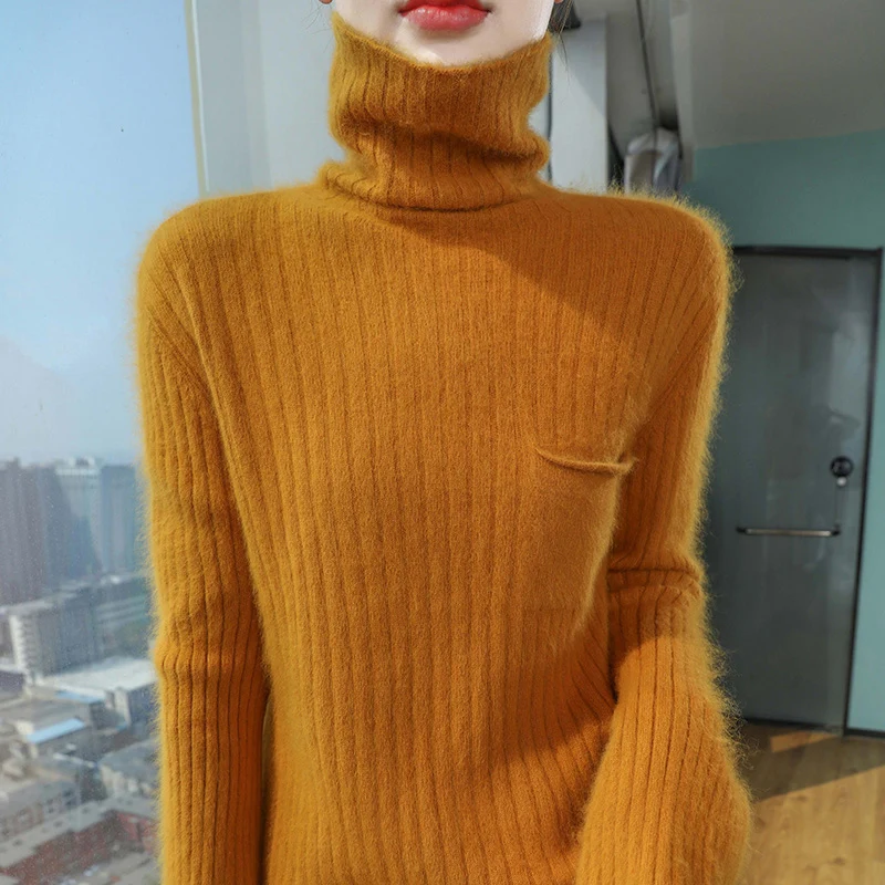 Autumn/Winter new women's 100% mink cashmere sweater turtleneck jumper Fashion striped knit warm base shirt top