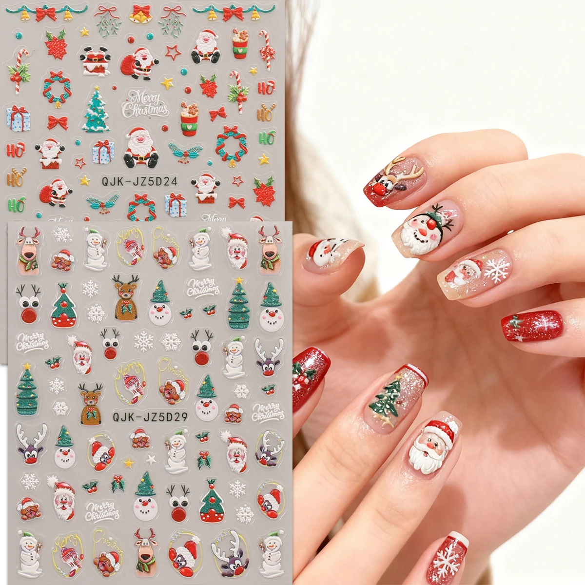 2 Blatt geprägte Weihnachts-Nagelkunst-Aufkleber – Weihnachtsmann, Schneemann, Schneeflocken, Geschenkbox, Weihnachtsbaum- und Glockendesign, f