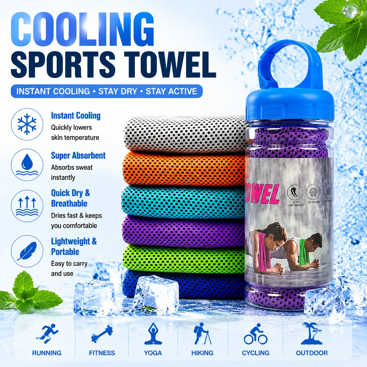 Portable Cooling Sports Towel Quick Dry Ice Cold Towel with PE Bottle Case Sweat Absorbent for Gym Yoga Fitness Running Outdoor