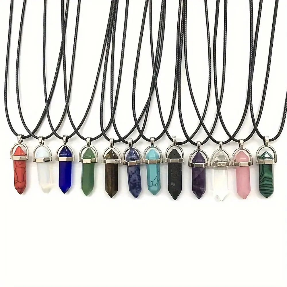 1/4/7pcs Hexagon Pillar Quartz Necklace Turquoise Pink Crystal Necklace Genuine Leather Chain Natural Stone Choker Necklace