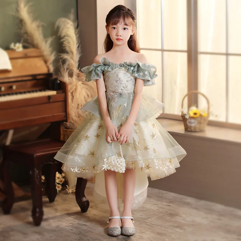 Flower Girl Dresses for Wedding Butterfly Princess Tutu Lace Appliqued Lace Up Yellow One Shoulder Girl First Communion Dress