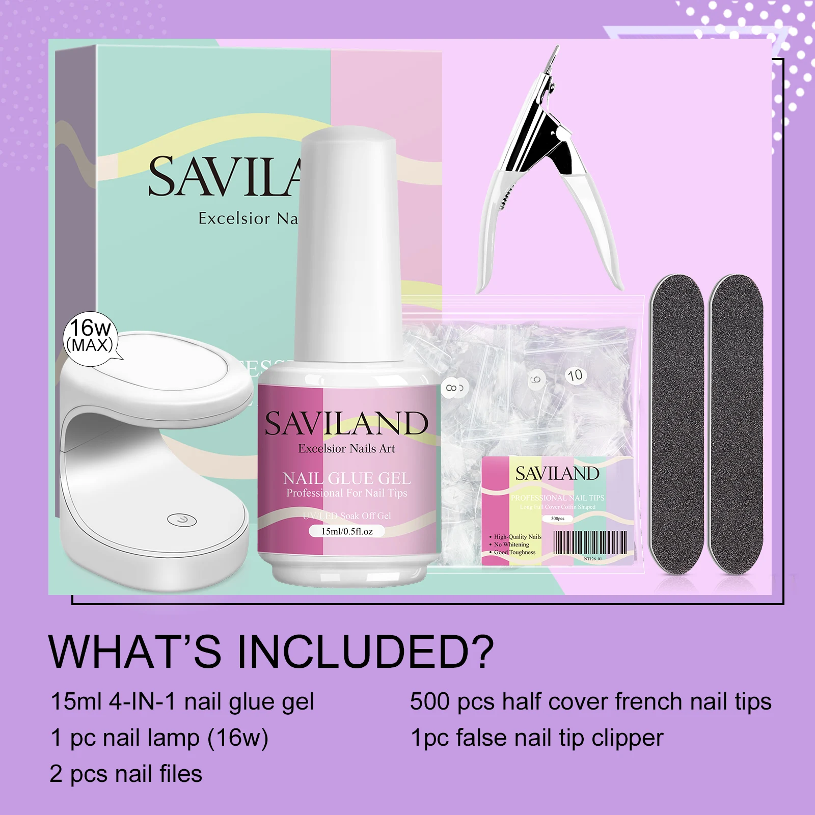 SAVILAND Gel x Nail Kit 15ml Super Strong Nail Glue Gel with 500pcs Half Cover Nails Tips & UV LED Nail Lamp For Nail Extension