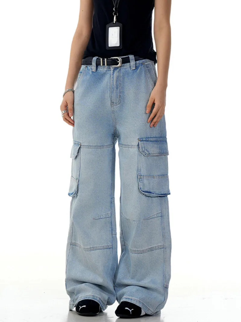 

Men's American Style Wear Cargo Jeans Washed Vintage Men Straight Versatile Wide Leg Multi Pockets Denim Pants Fashion Women GZ8