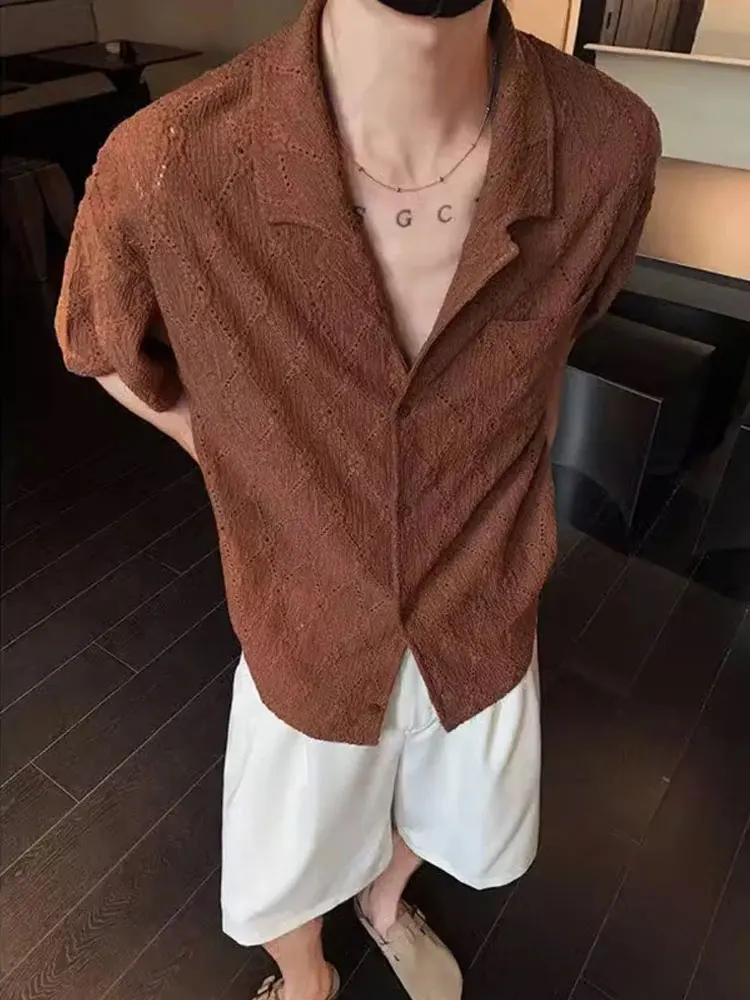 

Cleanfit Cuban Collar Hollow out ort Sve Men's irt Summer Lazy Sle American Trendy Brand Haome irt Jaet