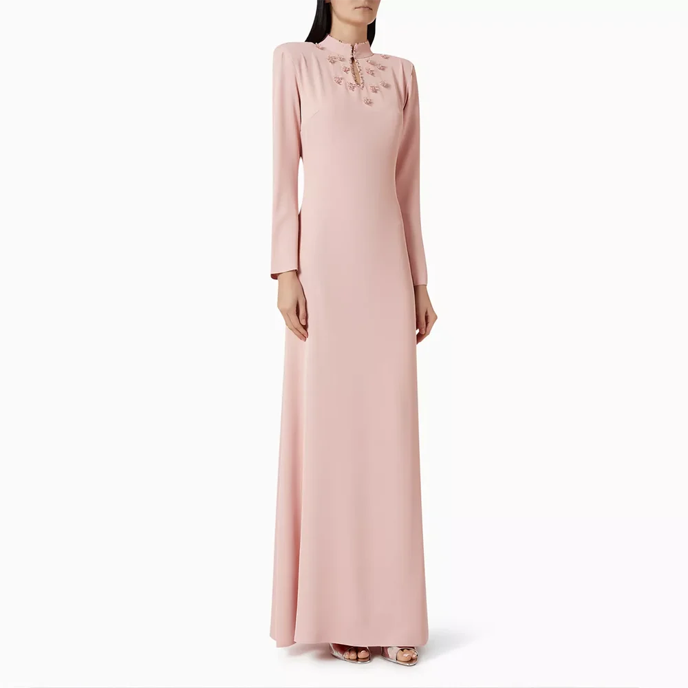 

Розовое вечернее платье с высоким воротом и длинными рукавами, индивидуальный пошив, А-силуэт, из джерси, в пол, для вечеринок и выпускных балов