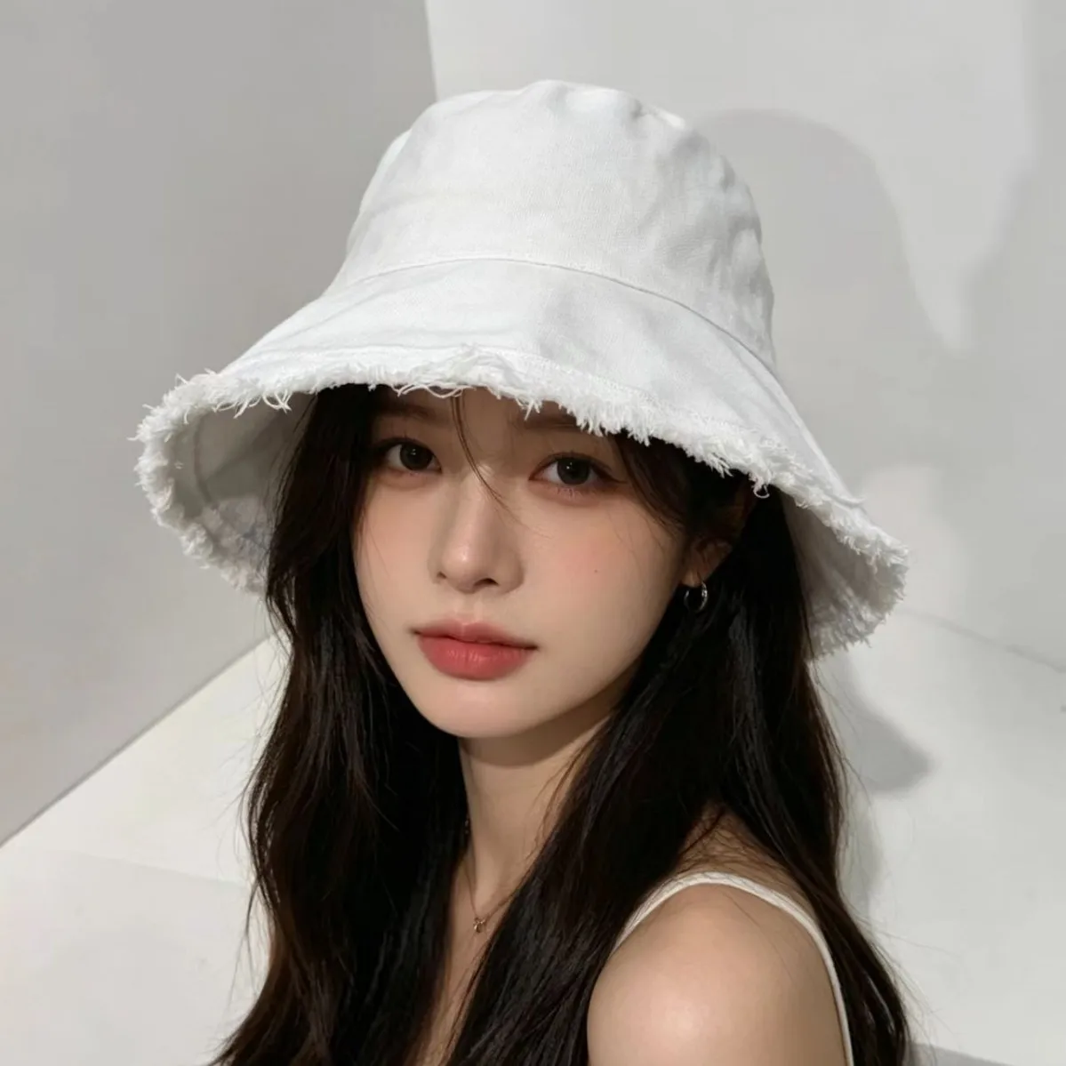 Women 100 Percent Polyester Solid Color Frayed Edge Washed Bucket Hat Sun Protection Wide Brim Face Slimming Casual All Match