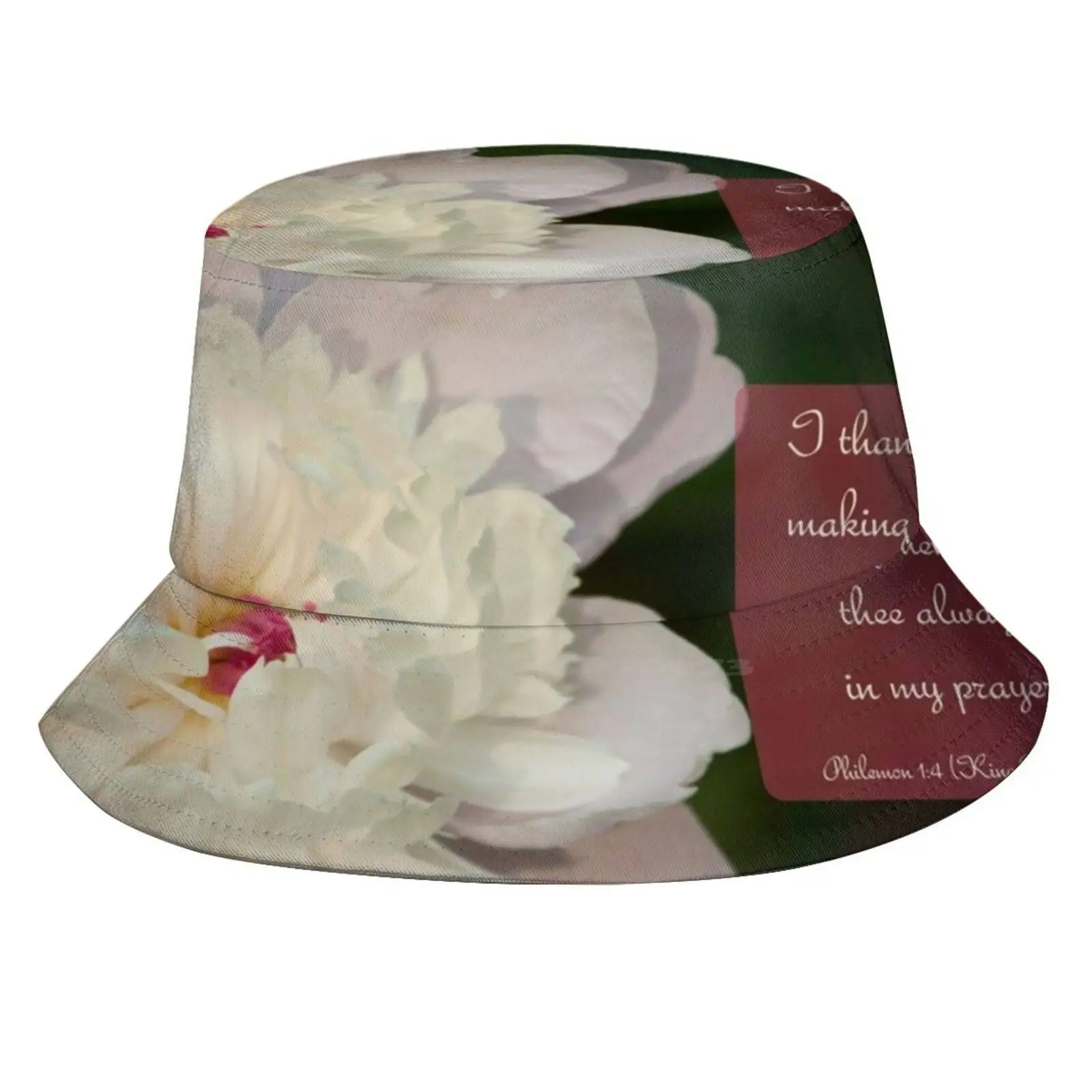 Philemon 1:4 (King James Version) Sun Cap Fisherman Hat Bucket Hats Peony Flower God Religion Spiritual Bible Biblical Verse