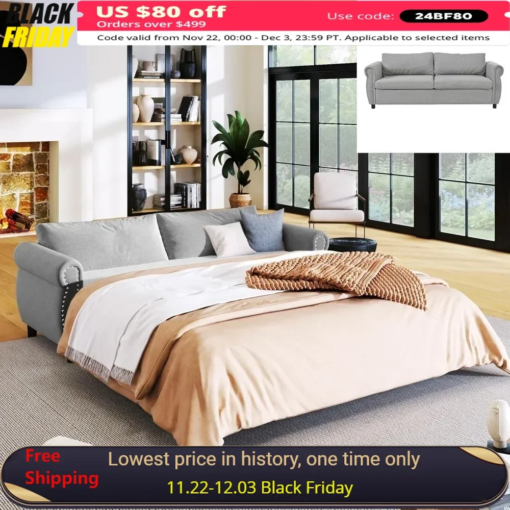 Queen Sofa Couch，Convertible Sleeper Sofa Bed with Memory Foam Mattress and Wood Bed Frame, Pull Out Couch Bed