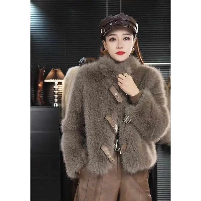 

Fashion Leather Buckle Short Outerwear Casual Stand Collar Top Streetwear Imitation Mink Fur Coat Women Winter Warm Biker Jacket