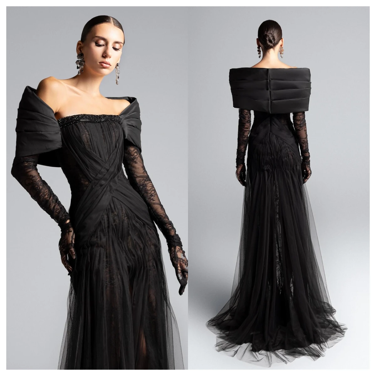 

Customized Modern Black Tulle Evening Dress Off the Shoulder Long Sleeves Homecoming Dress Exquisite Special Occasion