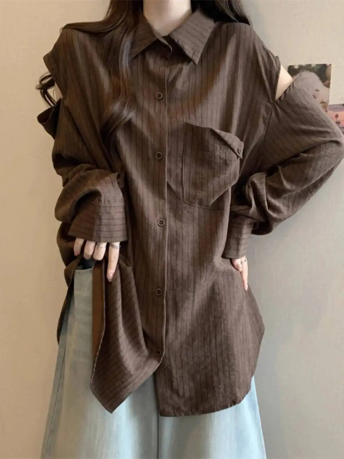 Dames plus size gestreept shirt met lange mouwen, slanke pasvorm, off-shoulder, chique top, halflange designblouse