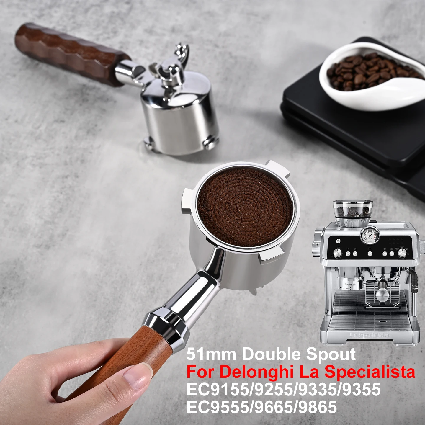 51mm Double Spout Coffee Portafilter for Delonghi La Specialista EC9155 EC9255 EC9335 EC9355 EC9665 EC9865 Coffee Accessories