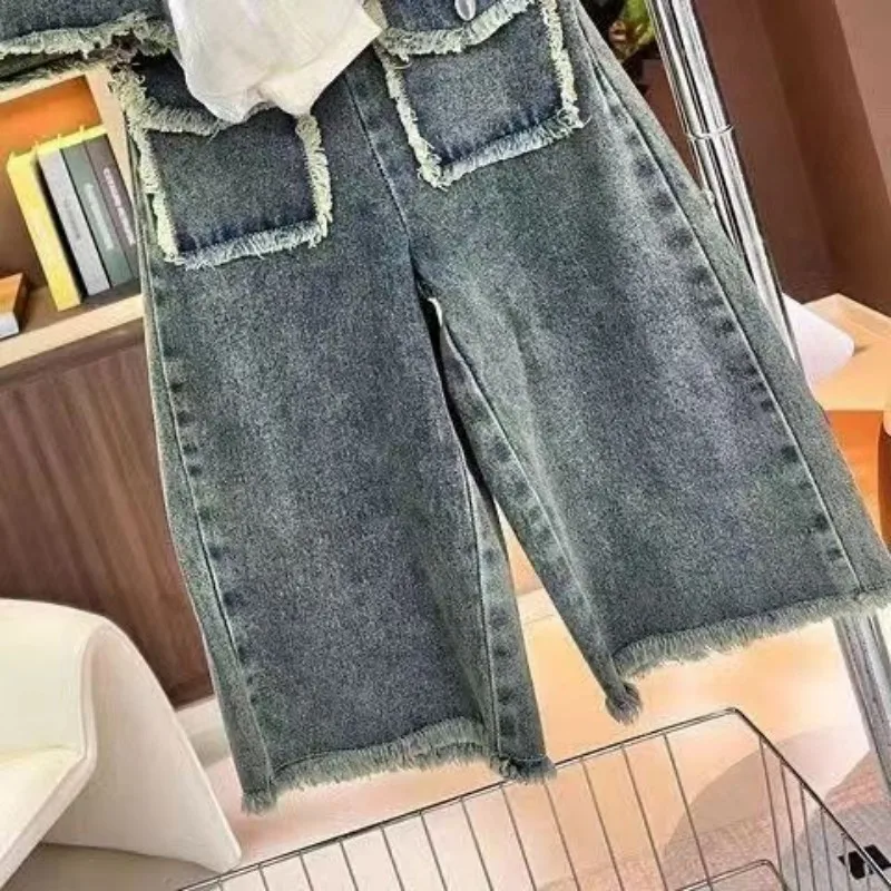 Kids Girls Denim Set Spring and Autumn 2024 New Children's T-Shirt Vest Wide Leg Pants Three Piece Set For Girls Korean Edition