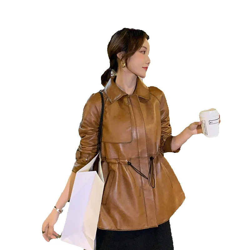 Women's New Sheepskin Leather Jacket, Women's Long Leather Jacket, Waist Reducing And Slimming Jacket