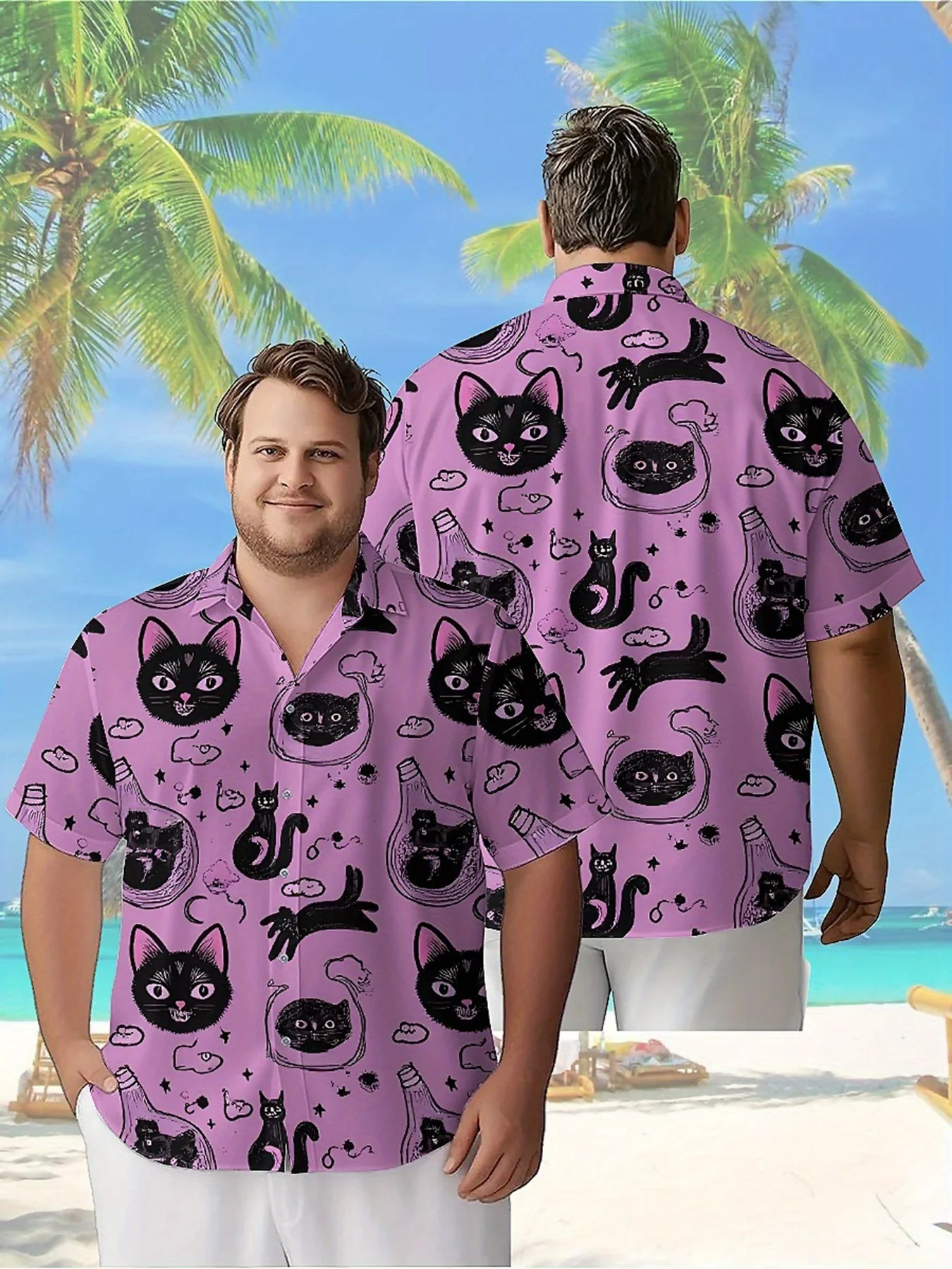 

Men's Plus Size Hawaiian Shirts Fantasy Cat Pattern, Button Up Shirts, Unisex Casual Clothing, Summer Tops