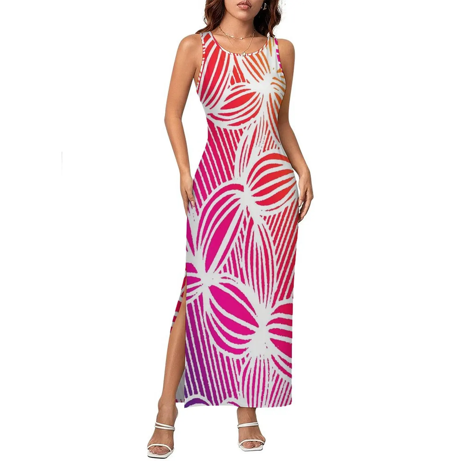 Womens Curve Print Dress 레인보우 라인 캐주얼 Y2k Bodycon Dress 봄 민소매 캐주얼 맥시 드레스 그래픽 오버 사이즈 Vestido