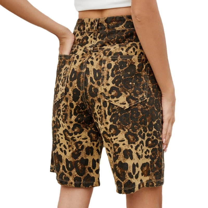 Women Denim Pant Jeans Vintage Wide Leg Short Pants Leopard Print High Waist Straight Trousers Y2k Streetwear Elegant Casual