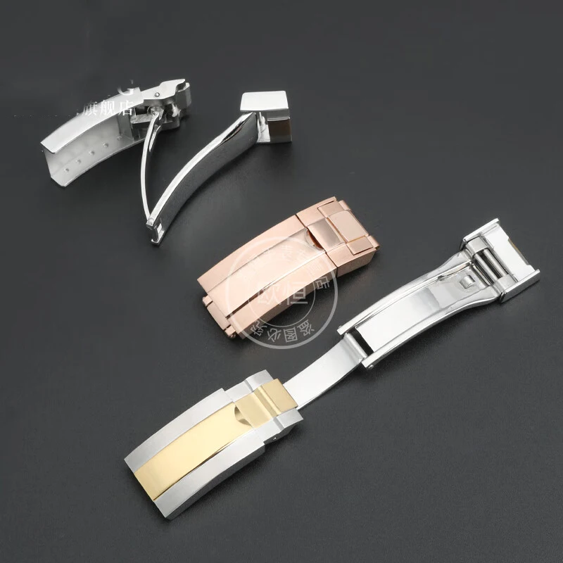 مشبك ساعة من الفولاذ المقاوم للصدأ 16 ملم لآلة رولكس الغواصة باللون الفضي والأسود والذهبي الوردي للرجال والنساء بإبزيم قابل للطي وإكسسوارات الساعة