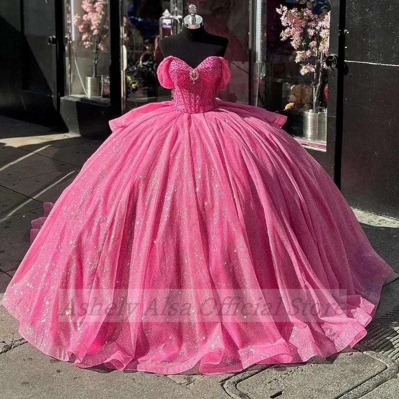 Vestido de fiesta de cumpleaños para niñas fucsia personalizado con hombros descubiertos y cuentas con cordones Vestido de baile Ropa de graduación Vestido 15 16 Vestido para quinceañeras