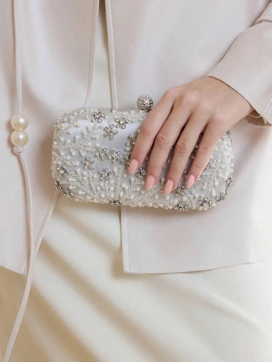 

Elegant Pearl Beaded Rhinestone Clutch Box Bag For Wedding Party Prom