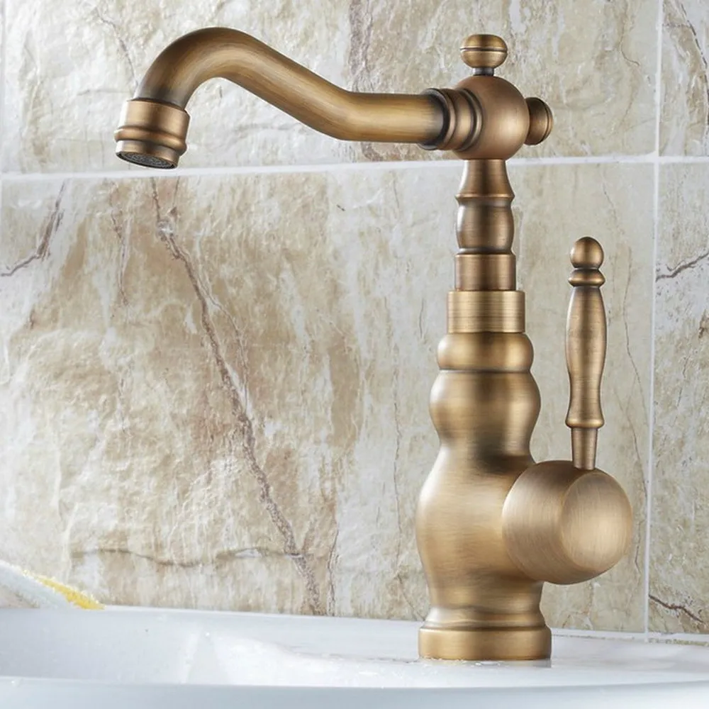 

Antique Brass Swivel Spout Bathroom Basin Faucet Single Hole Deck Mounted Single Handle Vessel Sink Mixer Taps Wnf258