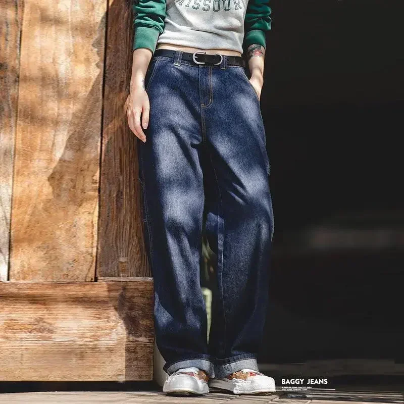 Maden-pantalones vaqueros de mezclilla de gran tamaño para mujer, Jeans Retro holgados de color azul oscuro de 10,2 Oz, pantalones Cargo de calidad de pierna ancha, ropa de marca para mujer