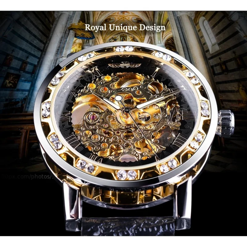 Official brand of free shippingFashion Diamond Dial Men's Mechanical Hollow Watch Black Gold Retro Luminous Pointer