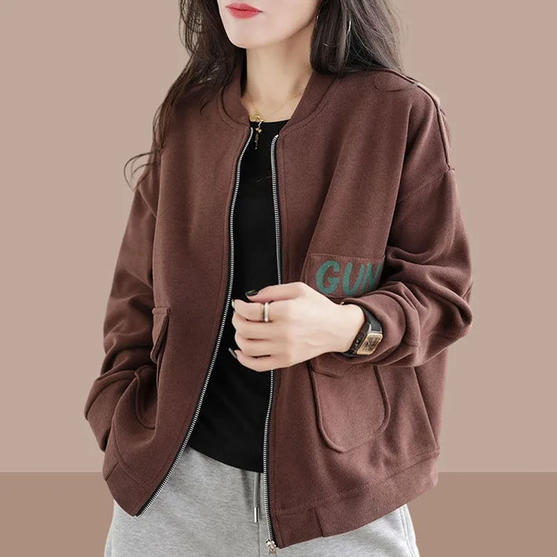 New Spring and Autumn Fashion Round Neck Zipper Cardigan Baseball Suit Loose Versatile Age Reducing Casual Short Women\'s Coat