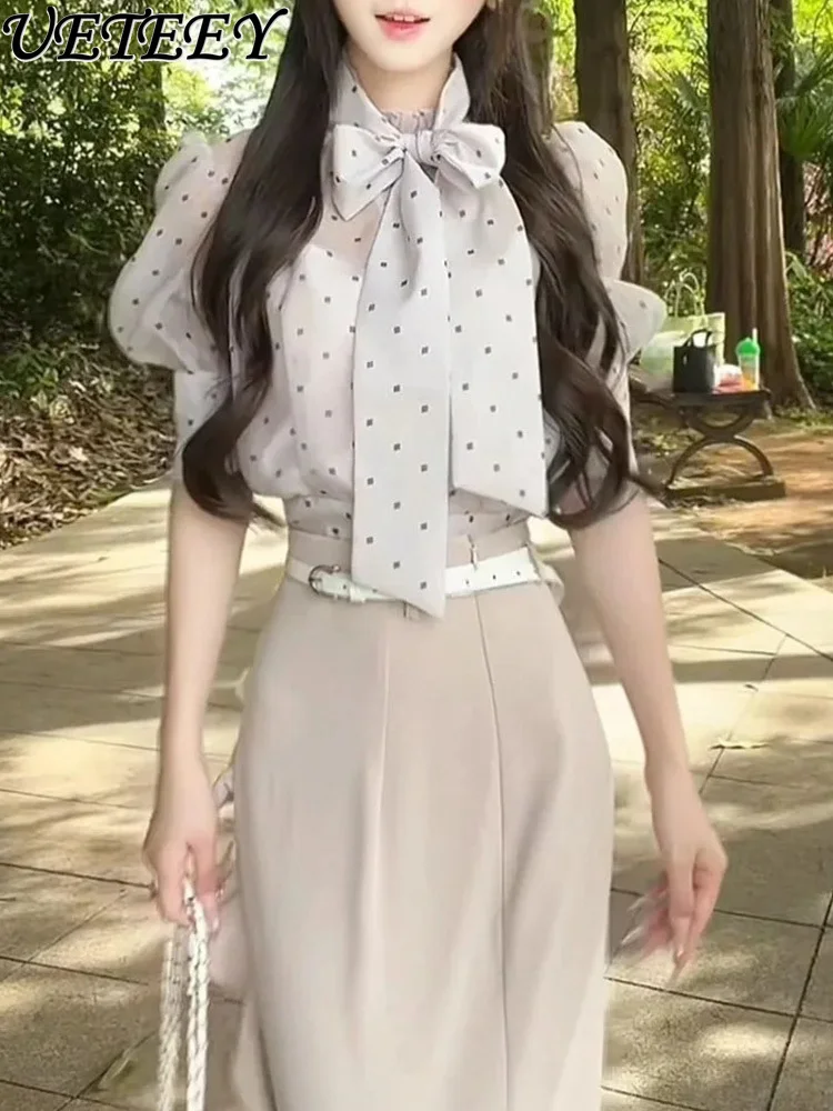

Japanese Shirts Summer New Sweet Polka Dot Bow Streamer Semi-perspective Short Sleeved Blouse Top Women's Commuter Blusas Mujer