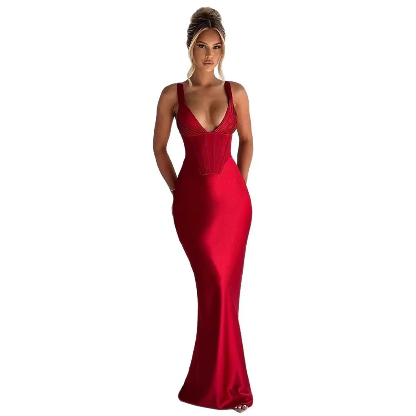 ชุดราตรีผ้าซาตินทรงเข้ารูป คอวี แขนยาว กระโปรงยาว ทรงเข้ารูป เอวสูง ปกพับลง ไม่มีแขน  สำหรับงานเลี้ยงกลางคืน