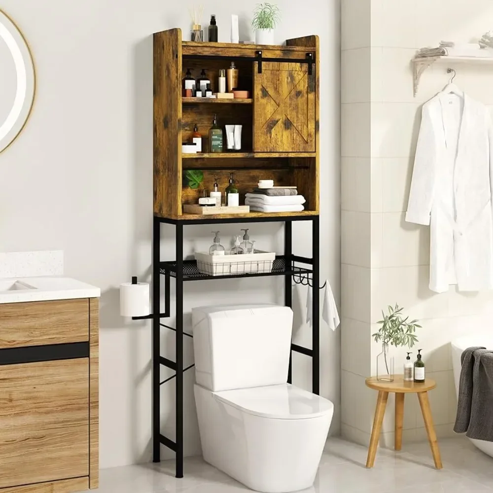 

Space Saver Toilet Stands Bathroom Storage Cabinet Paper Hook Bathroom Toilet Rack With Barn Door Retro Brown Furniture Cabinets