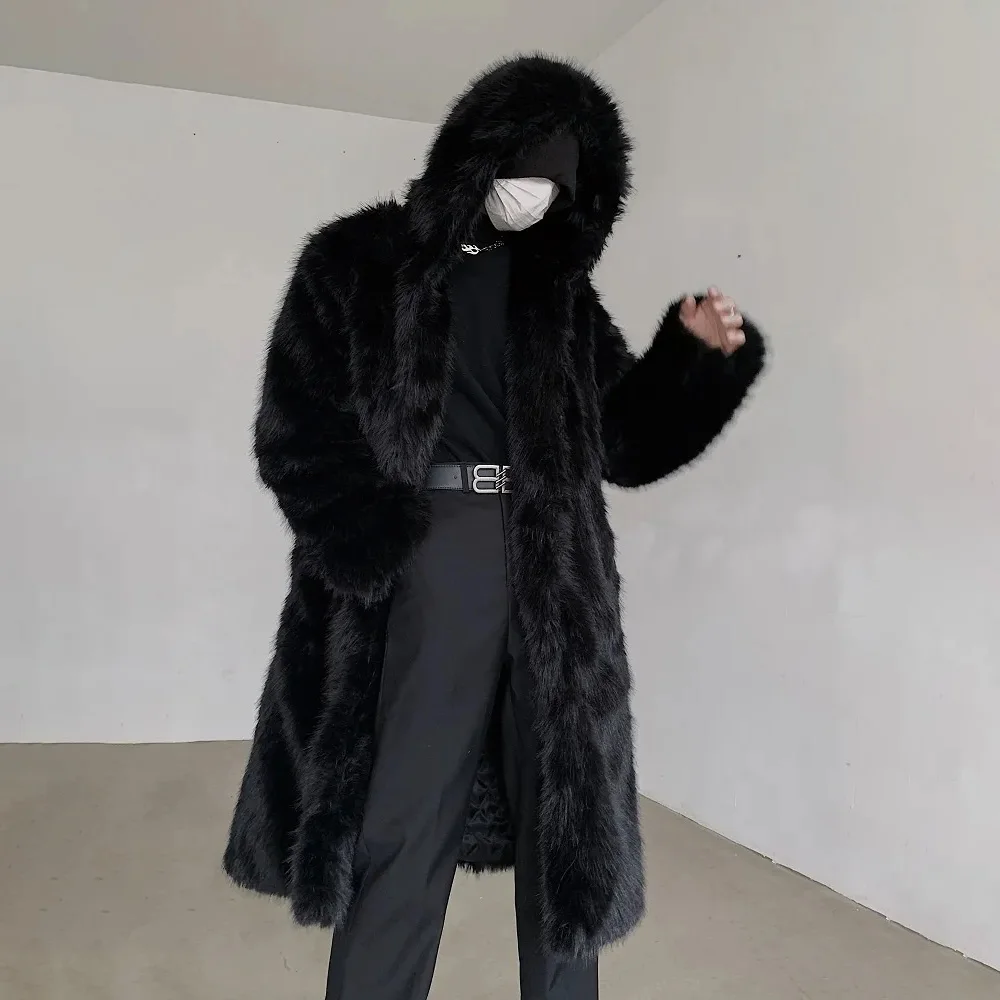 

Mens Jacket Warm Furry Imitation Fur Coat Winter Fashion British Versatile Thick Medium Long Hooded Sweater Men'S Clothing 2024