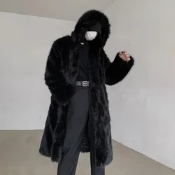 Mens Jacket Warm Furry Imitation Fur Coat Winter Fashion British Versatile Thick Medium Long Hooded Sweater Men'S Clothing 2024