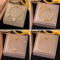 Stainless Steel Pearl Love Heart Bracelet For Women Gold Color Vintage Wrist Chains Rustproof Birthday Party Jewelry Gifts