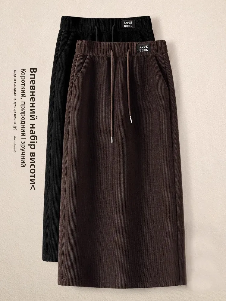 Retro Corduroy Midi Skirt Women's 2025 New Autumn Winter High Waist Slimming Small Size Straight Leg One Step Skirt