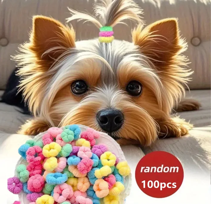 100Pcs Random Color Pet Mini Plush Hair Ties, Dog Hair Bands for Yorkshire Maltese, Grooming Headwear for Small Dogs and Cats