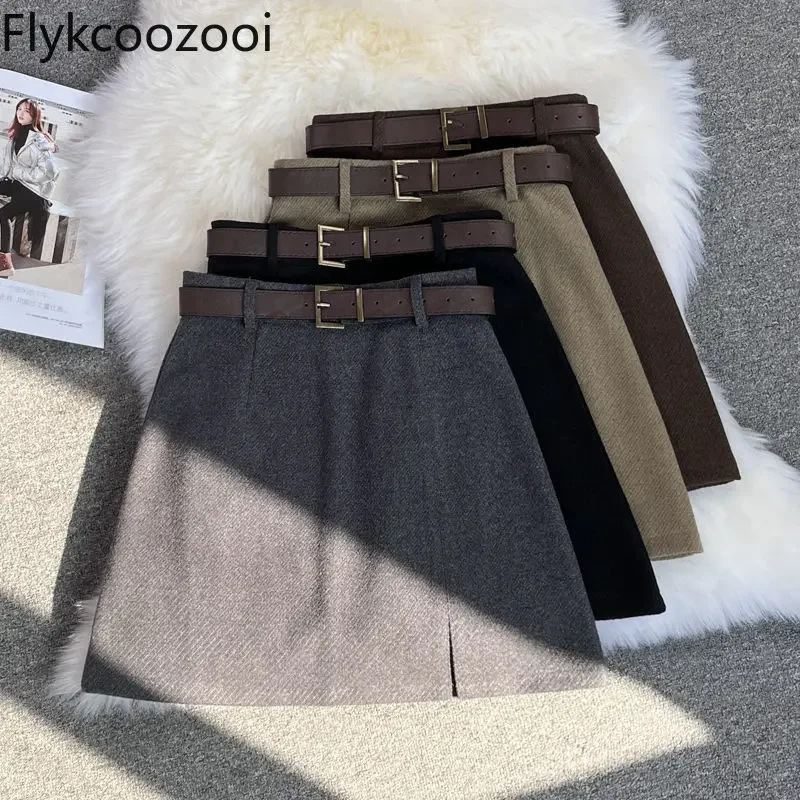 High-grade Solid Color Woolen Skirt for Women 2024 Autumn and Winter New Tweed Suit Skirt High Waist with Thin Belt