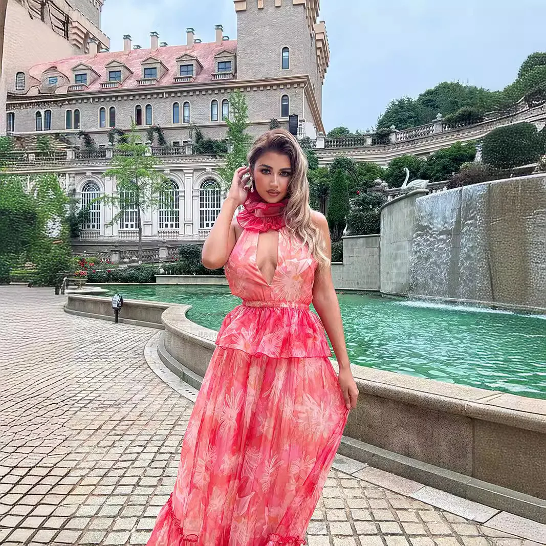 

2024 New Fashion Floral Print Halter Neck Sleeveless Dress Sweet Long A-Line Skirt Polyester Spring City Walk Dress