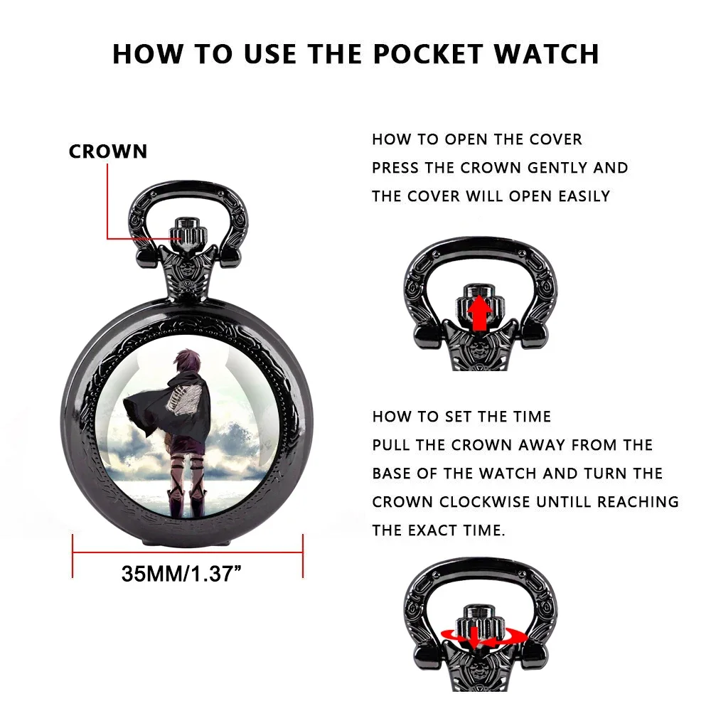 ساعة جيب كوارتز Attack on Titan - قلادة على شكل قبة زجاجية، أرقام عربية، هدية للجنسين