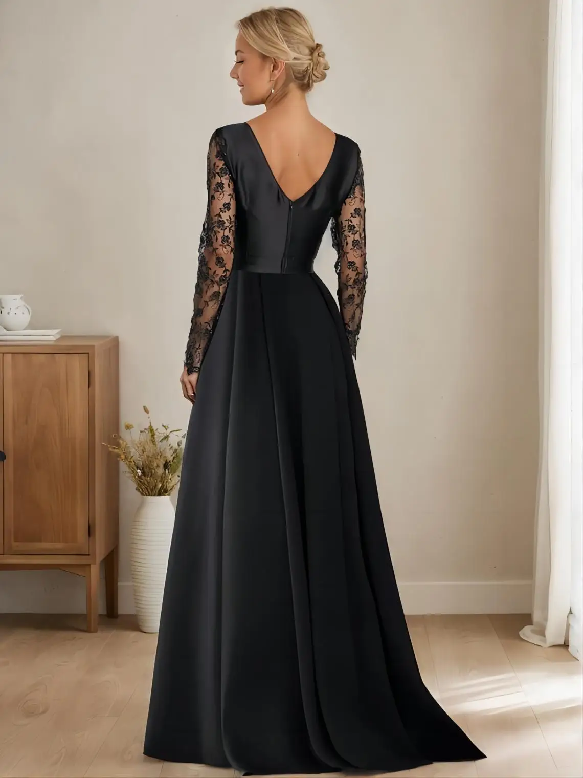 Combinaisons élégantes robe de bal de soirée à manches longues en dentelle satinée col en V longueur au sol applique robe d'invité de mariage 2025 gratuit personnalisé