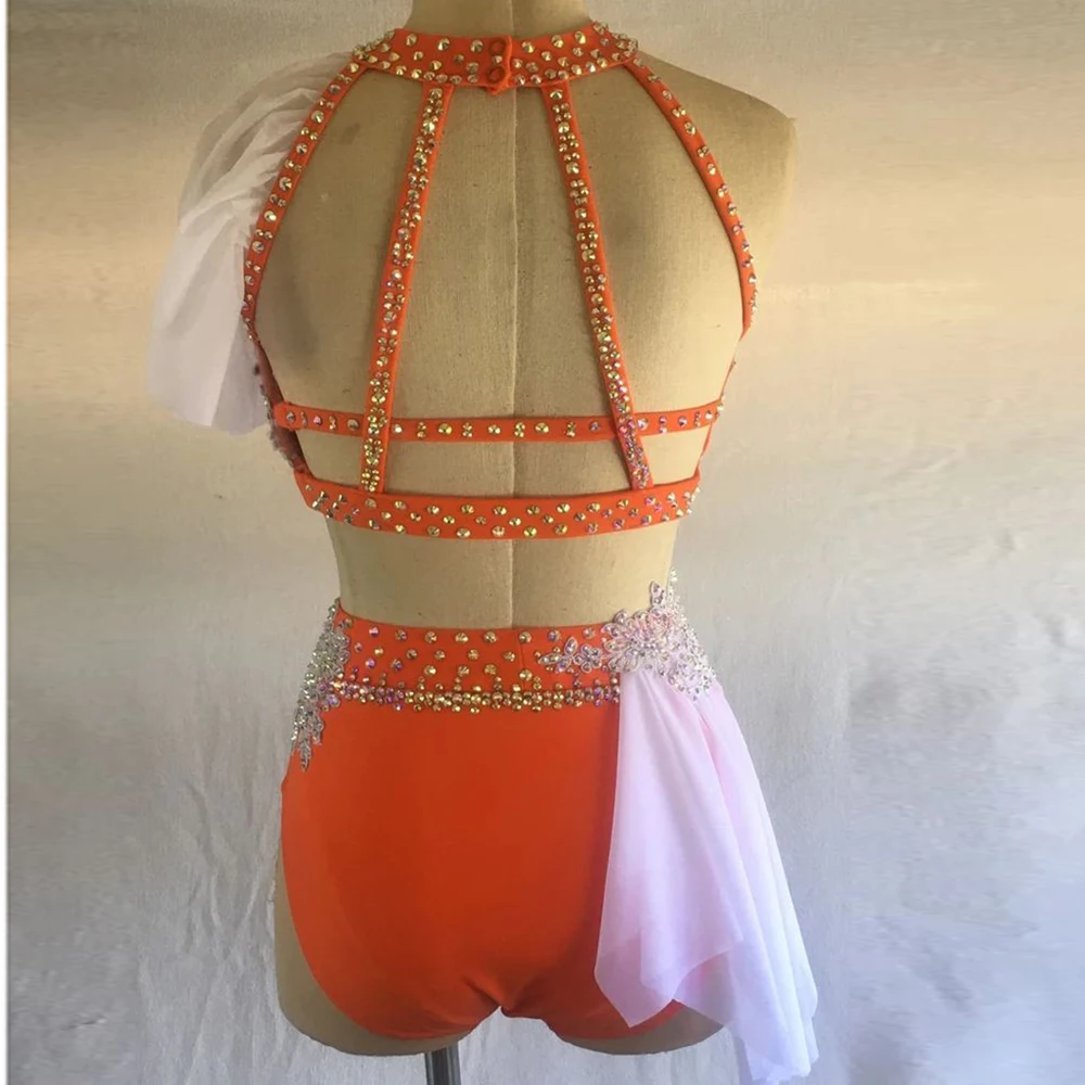 Orange Pole Dance Dress Suit Turtleneck Sleeveless Shiny Rhinestones Girls Competition Show