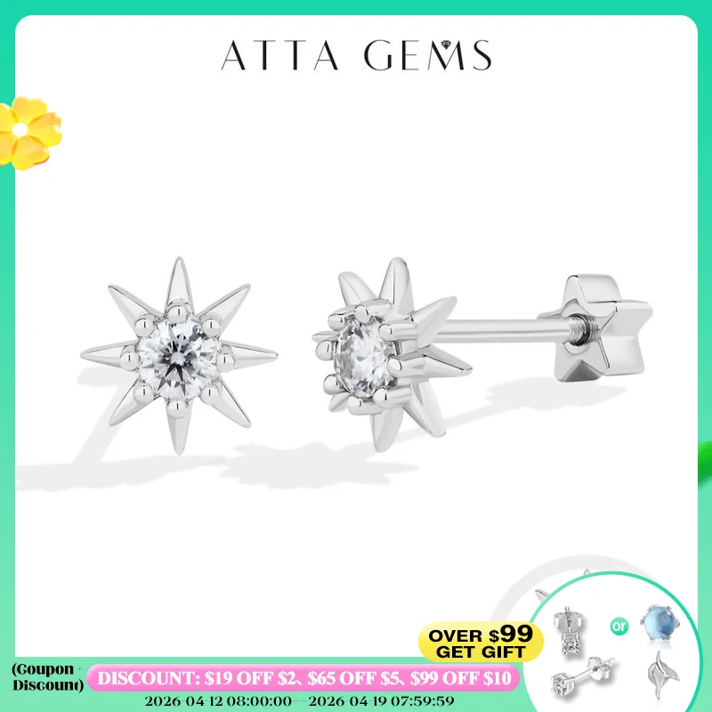 ATTAGEMS S925 Sterling Silver Starburst Stud Earrings for Women Moissanite Sparkle Star Ear Studs Engagement Party Gift Jewelry
