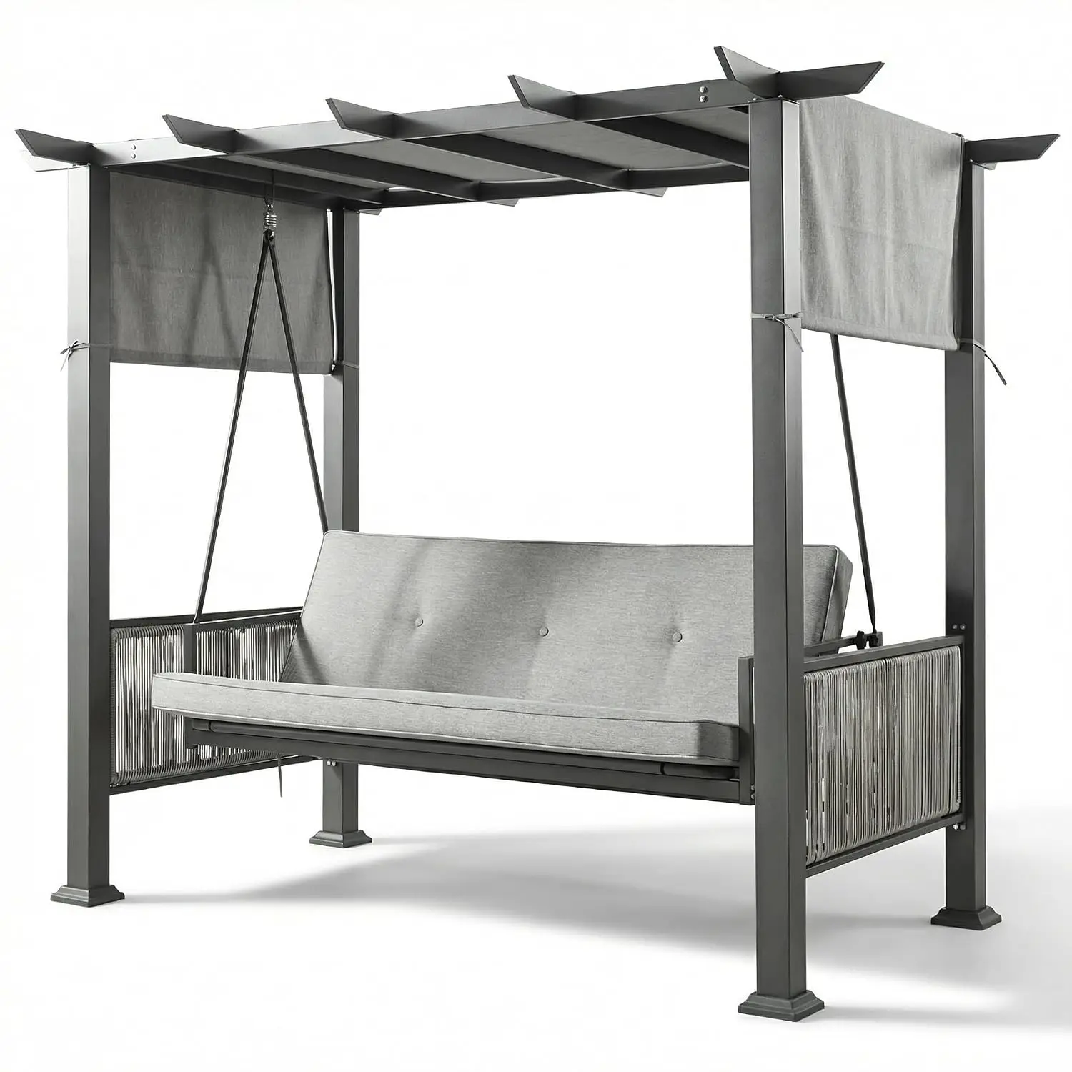 2-in-1 Convertible Porch Swing Bed, 3-Seat Elegant Patio Swing with Wicker Armrests, Outdoor Chair with Adjustable, Customized