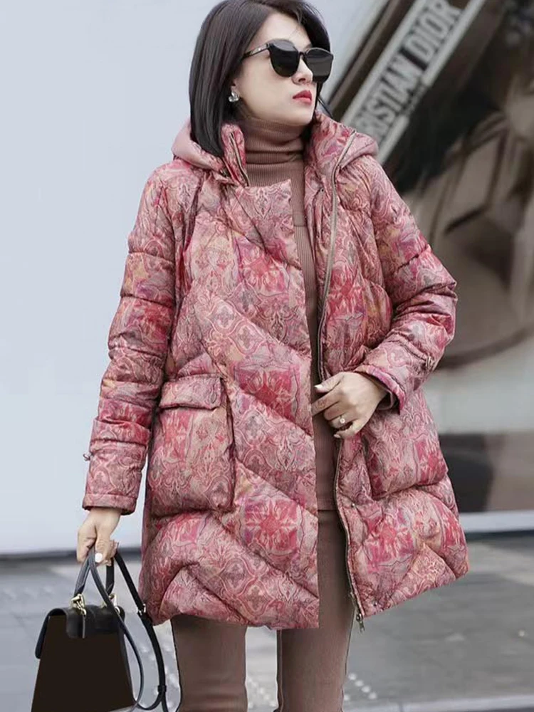 Female 2022 Warm Winter New in Loose Casual Printing Korean Fashion Mid Long Zipper Hooded Coats Goose Puffer Down Jacket Women